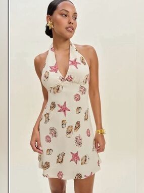 Reformation Delanie Mini Halter Dress XL | “Concha” Cream Base with Seashells